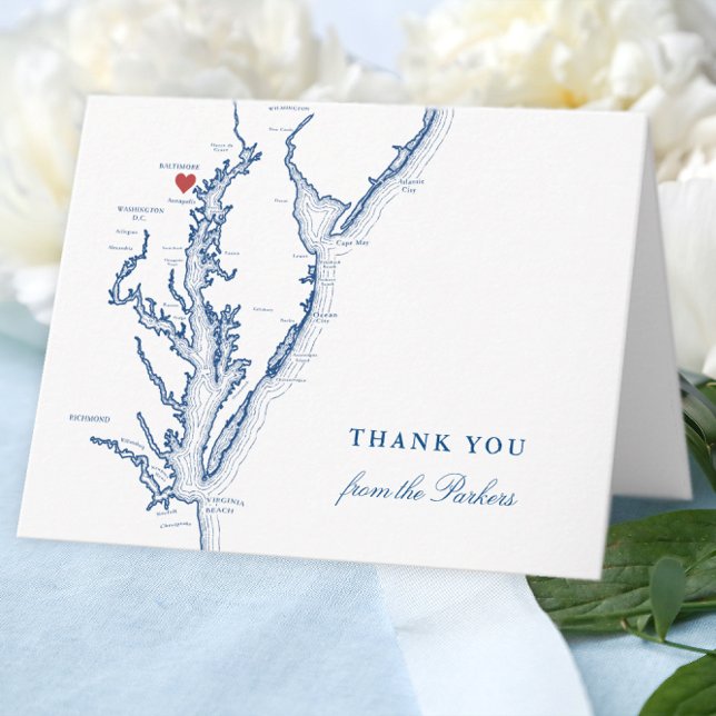 Baltimore Maryland Navy Blue Map personalisiert Dankeskarte (Baltimore Personalized Wedding thank you card in elegant navy blue from Coastal Map Designs)