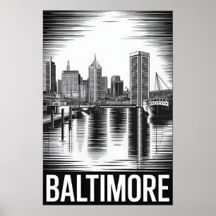 Baltimore Maryland Skyline Schwarz Weiß Holzschnit Poster