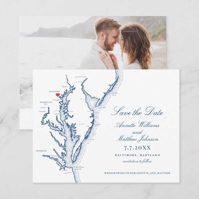 Baltimore Maryland Wedding Elegante Navy Map Save The Date (Vorne/Hinten)