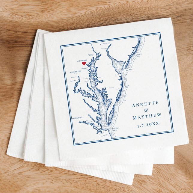 Baltimore MD Chesapeake Bay Karte Elegante Wedding Serviette (These Baltimore Maryland Map napkins are perfect for your Chesapeake Bay Destination Wedding)