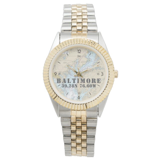 Baltimore MD Nautical Latitude Longitude Boater Armbanduhr (Vorderseite)