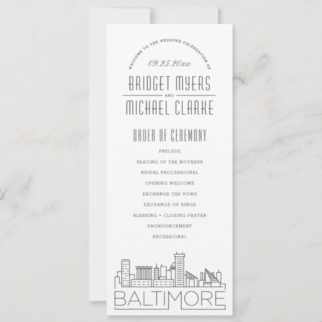 Baltimore | Modernes Hochzeitsprogramm für Deko Einladung (Vorderseite)