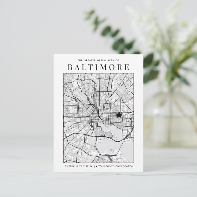 Baltimore Stadtplan + Ortsmarkierung Postkarte (Stehend Vorderseite)