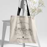 Baltimore Wedding | Stilisierte Skyline Tragetasche<br><div class="desc">Eine einzigartige Hochzeitstasche für eine Hochzeit in der schönen smaragdgrünen Stadt Baltimore. In dieser Tasche wird die einzigartige Skyline der Stadt mit ihrem Namen darunter stilvoll dargestellt. Anschließend erhalten Sie Informationen zu Ihrem Hochzeitstag in einem passenden, offenen Stil. Dieser Artikel ist Teil einer umfangreicheren Sammlung von mehr als 20 Stück...</div>