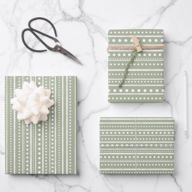 Bamanko Boho Sage Green Dots and Stripes Muster Geschenkpapier Set (Vorderseite)
