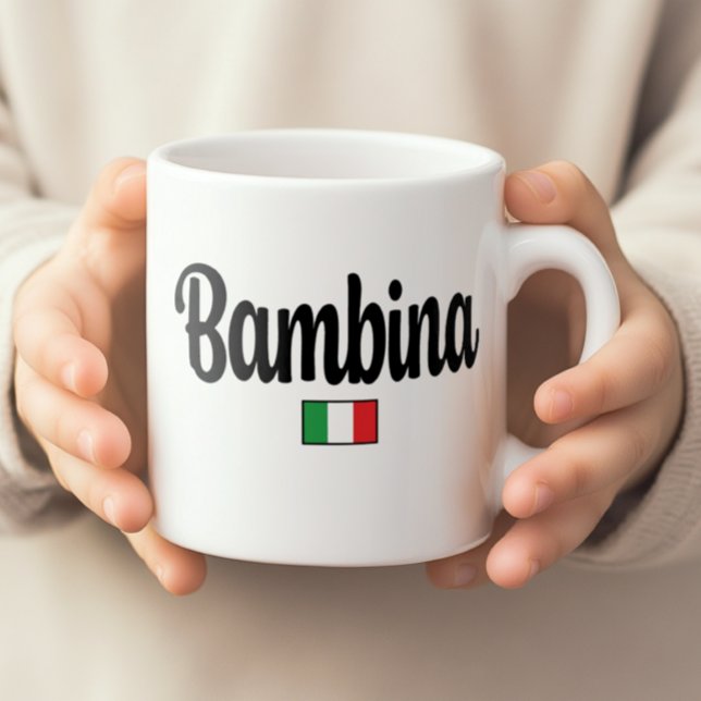 Bambina Italian Flag Mug Kaffeetasse (Child's hands holding a white Bambina mug with Italian flag. Gift for Mom expecting a girl.)