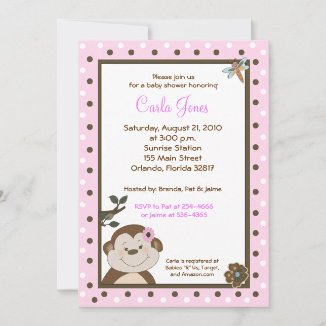 Bambino Baby shower de singe rose Invitations (Devant)