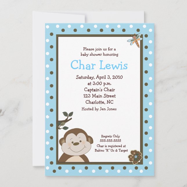 Bambino Monkey Blue 5x7 Baby shower Invitation (Devant)
