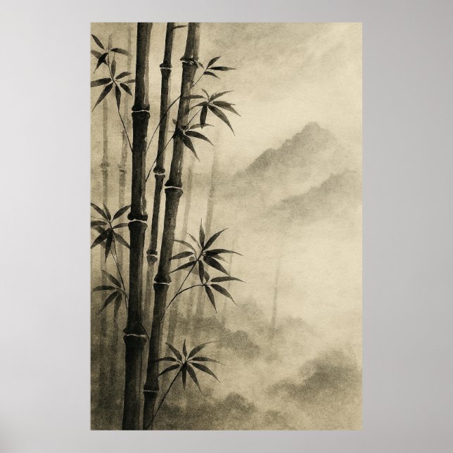 Bamboo in Mist: Zen Ink-Wash Elegance Poster (Vorne)