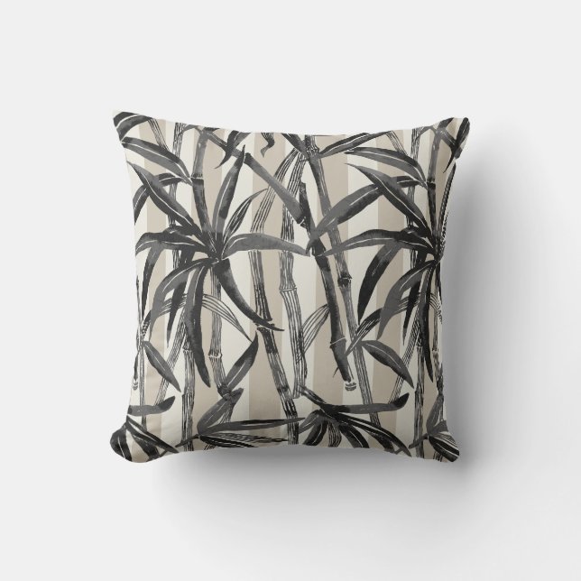 Bamboo Jungle Hawaiian Strip - Schwarz und Taupe Kissen (Vorderseite)