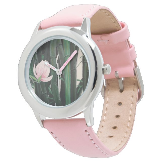 Bamboo magnolias - Custom Watch, Lederband Armbanduhr (Schrägansicht)