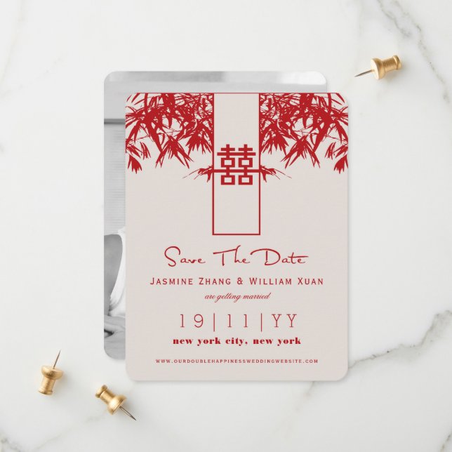 Bambou Zen Double Bonheur Chinois Save The Date (Devant/Arrière en situation)