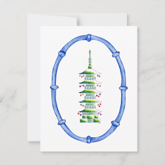 Bambus-Chinoiserie-Pagode-Weihnachtsbaum-Notizkart Mitteilungskarte (Vorderseite)