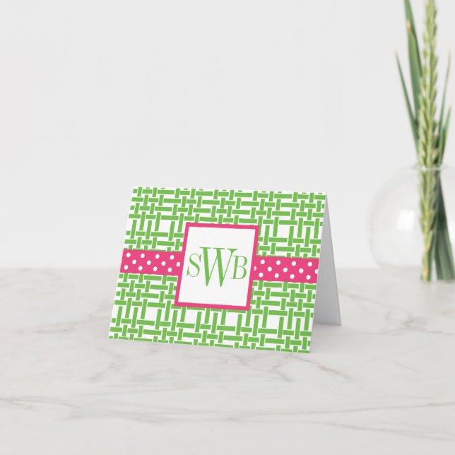 Bambus und Grosgrain Mit Monogramm Mitteilungskart Dankeskarte (Vorderseite)
