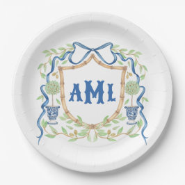 Bambus und Olivenöl Topiary Wappen | Monogramm Pappteller