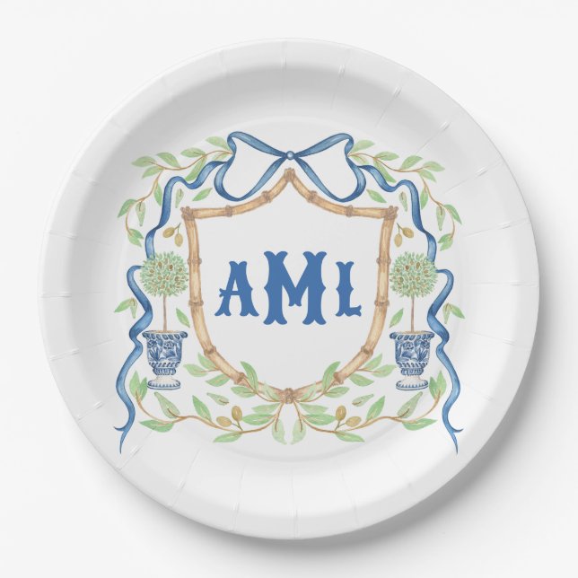 Bambus und Olivenöl Topiary Wappen | Monogramm Pappteller (Vorderseite)