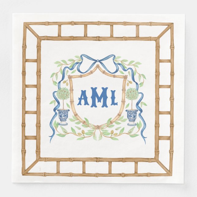 Bambus und Olivenöl Topiary Wappen | Monogramm Serviette (Vorderseite)