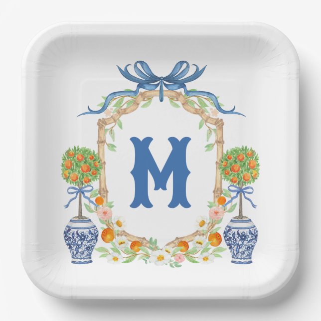 Bambus und Orange Topiary Wappen | Monogramm mit 1 Pappteller (Vorderseite)