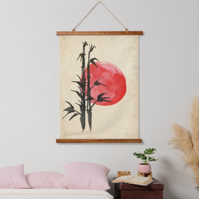 Bambus vor einer roten Sonne Wandteppich Mit Holzrahmen (Schlafzimmer)