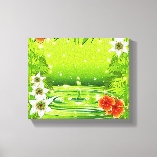 Bambus, Wasser und tropische Blume Leinwanddruck (Vorderseite)