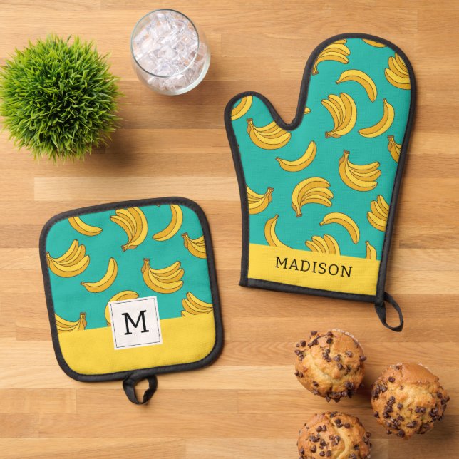 Banana Frucht Fun Muster Ofenhandschuh & Topflappen-Set (Oben Unten)