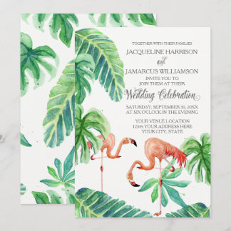 Banana Leaf Watercolor Pink Flamingo Beach Art Einladung