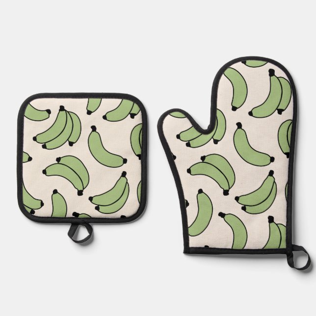 Banana Parade Sage Green Ofenhandschuh & Topflappen-Set (Vorderseite)