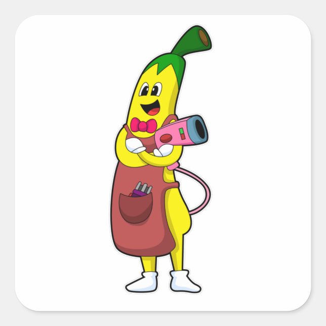 Banane als Friseur mit Fön Quadratischer Aufkleber (Vorderseite)