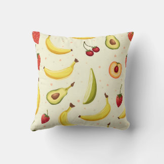 Banane, Erdbeere, Kirsche, Pfirsich, Avocadomuster Kissen