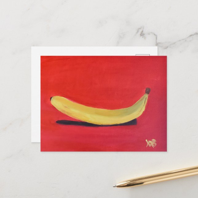 Banane mit rotem Hintergrund Postkarte (Vorderseite/Rückseite Beispiel)