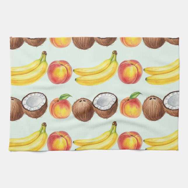 Bananen, Pfirsiche und Kokosnüsse von Natasha Us Geschirrtuch (Horizontal)