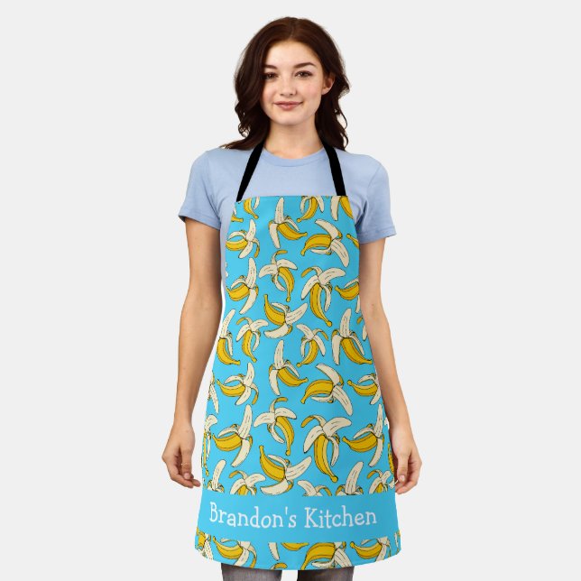 Bananen Tropenblau und Gelbfrucht-Muster Schürze (Getragen)