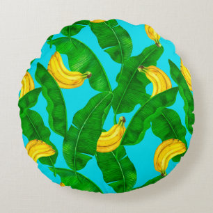 Bananen und Blätter Aquarellgestaltung Rundes Kissen