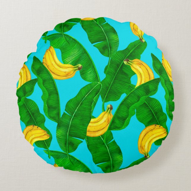 Bananen und Blätter Aquarellgestaltung Rundes Kissen (Vorderseite)