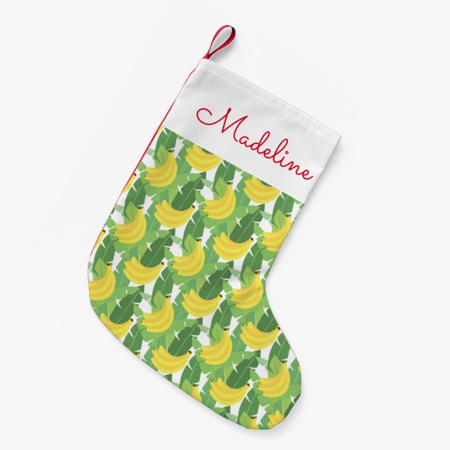 Bananenstaub und Obstmuster| Name hinzufügen Kleiner Weihnachtsstrumpf (Vorderansicht (hängend))