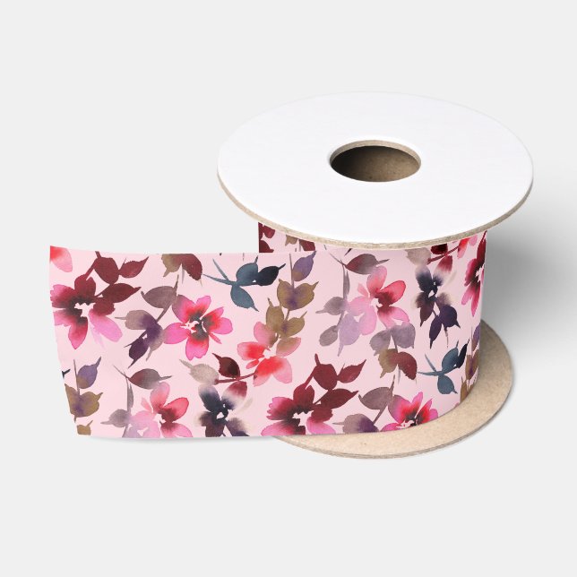 Band - Blumendruck auf rosa Hintergrund Satinband (Spule)