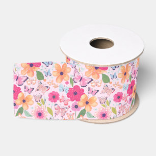 Band Rosa Blumengarten mit Schmetterlingen Ripsband