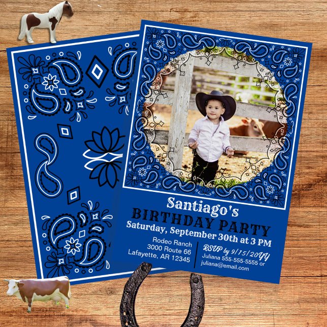 Bandana Bleu Cowboy Photo Invitation Anniversaire (For your cowboy or cowgirl theme birthday a unique blue western bandana style photo invite.)