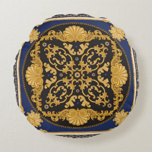Bandana Print: Black Blue Gold. Rundes Kissen