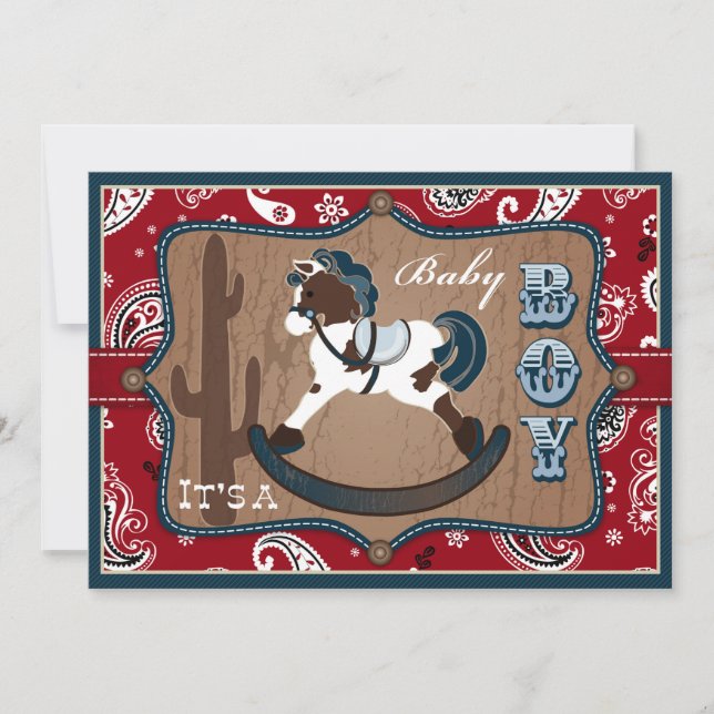 Bandanna Print & Rocking Horse Cowboy Baby Dusche Einladung (Vorderseite)