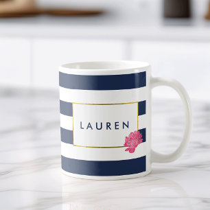 Bande de marine et pivoine rose Mug personnalisé