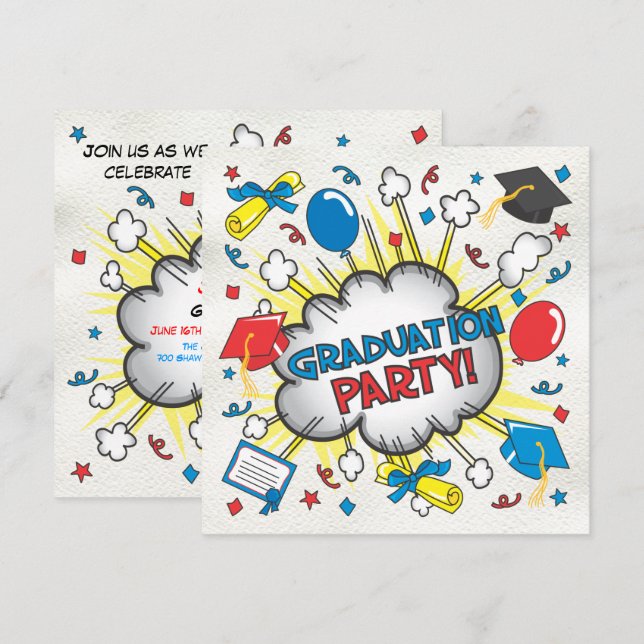 Bande dessinée Pop Art Graduation Party Invitation (Devant / Derrière)