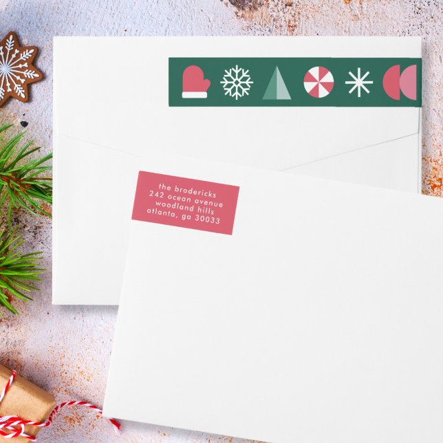 Bande Pour Adresse De Retour Amusant moderne géométrique Festif Icônes de Noël (modern geometric Christmas wrap around address labels)