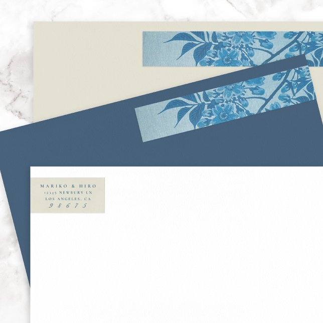 Bande Pour Adresse De Retour Antique Japonaise Blue Cherry Blossom Adresse (Créateur téléchargé)