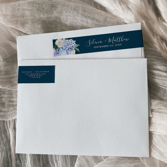Bande Pour Adresse De Retour Elégant Mariage de la marine Hydrangea envelopper  (Créateur téléchargé)