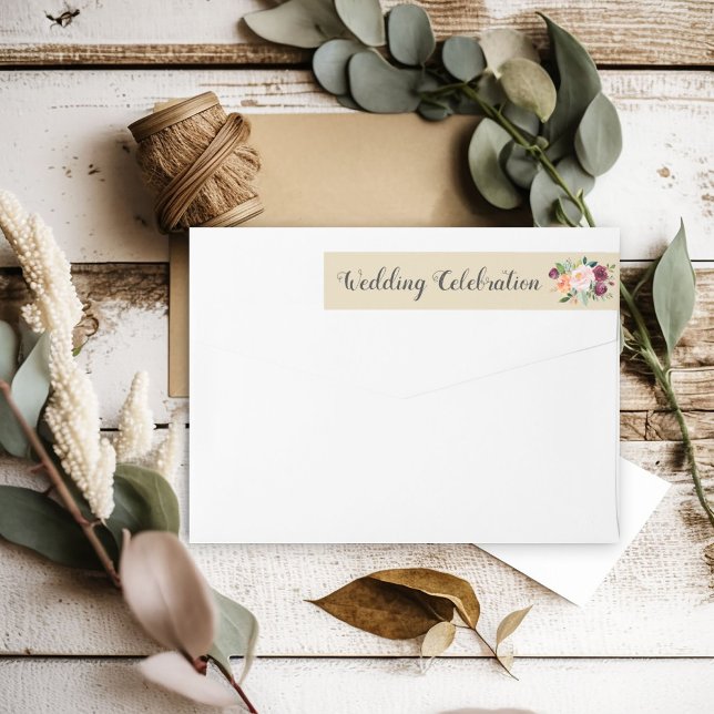 Bande Pour Adresse De Retour Fête mariage Beige Rustique Bourgogne Floral (Créateur téléchargé)