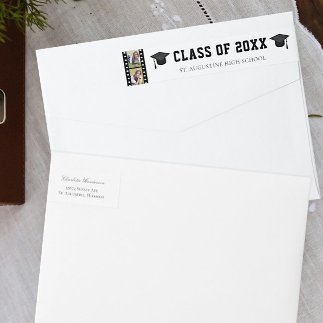 Bande Pour Adresse De Retour Filmstrip Photo Collage Adresse de graduation (White Filmstrip Photo Collage Graduation Wrap Around Address Label)