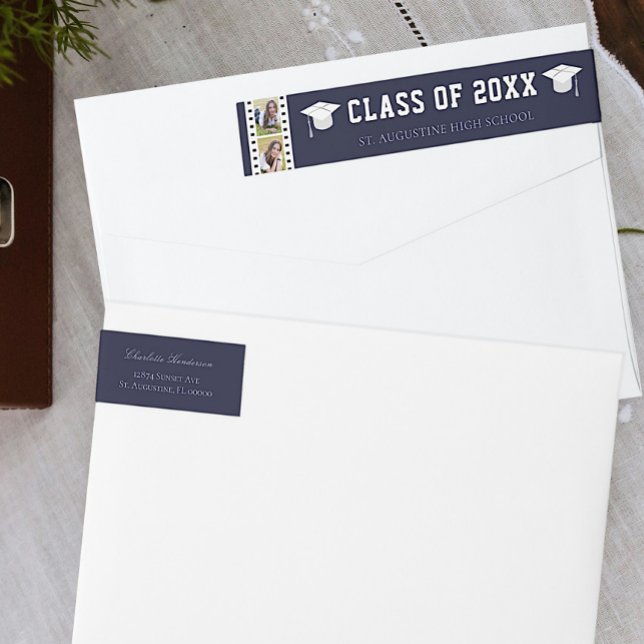 Bande Pour Adresse De Retour Filmstrip Photo Collage Adresse de graduation | Bl (Blue Filmstrip Photo Collage Graduation Wrap Around Address Label)