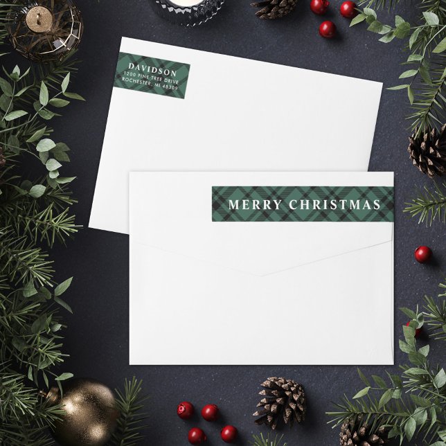 Bande Pour Adresse De Retour Hunter Green Tartan Plaid Joyeux Noël Adresse (Créateur téléchargé)
