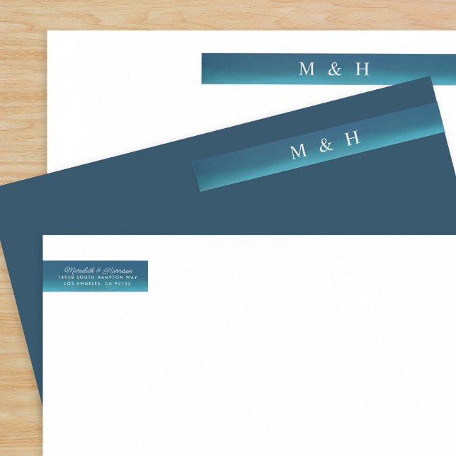 Bande Pour Adresse De Retour Monogramme Couples d'aquarelle bleu Ombre (Créateur téléchargé)